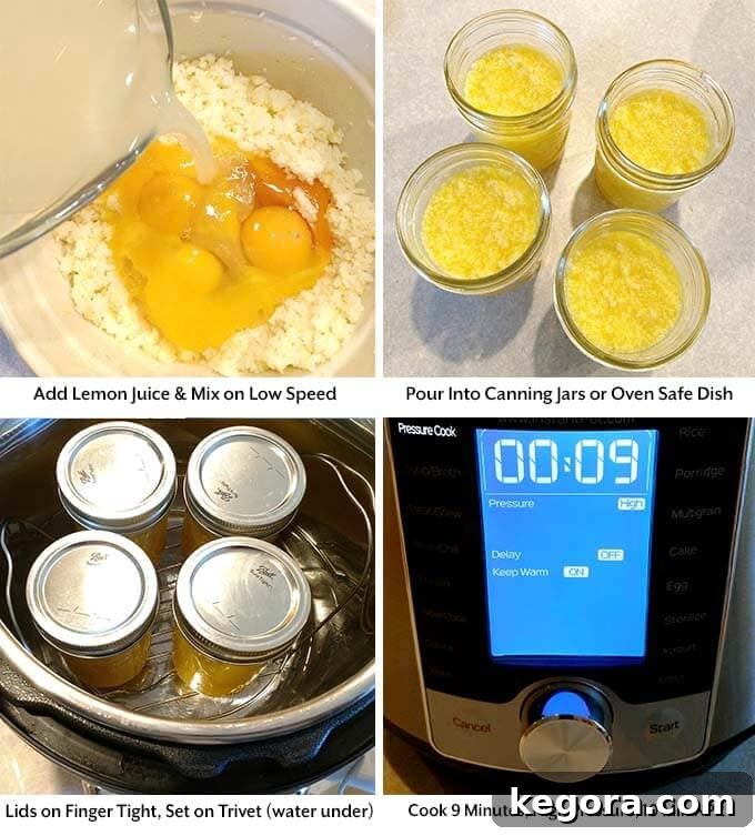 four process images showing the addition of lemon juice,before putting the mixture into  the small glass jars and placing them on a trivet in a pressure cooker and setting the cook time