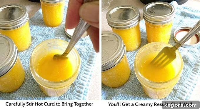 two process images showing the lemon curd being stirred with a metal fork inside of the glass jars