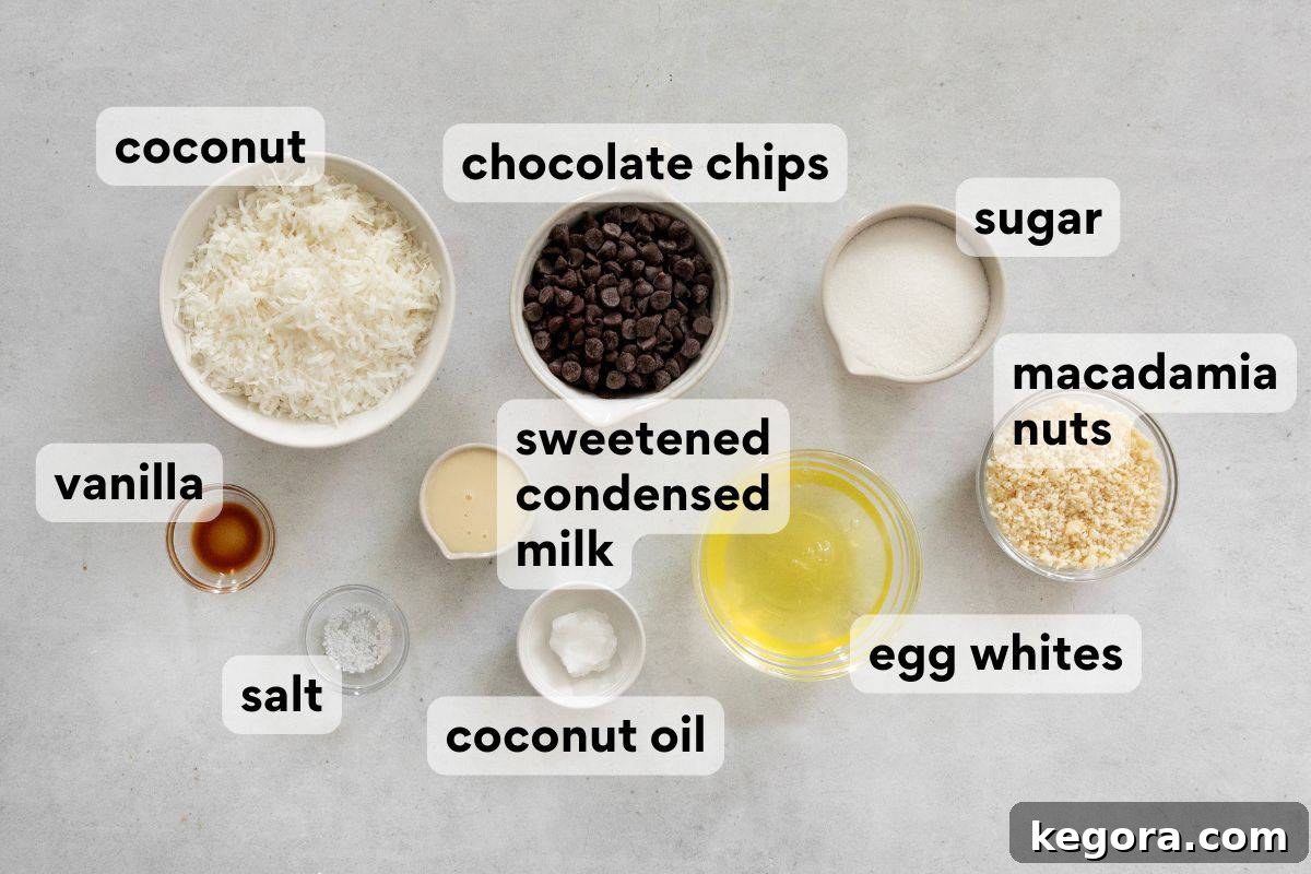 Ethereal Coconut Clouds Gluten Free 4 chocolate coconut cloud cookie ingredients measured and labeled.