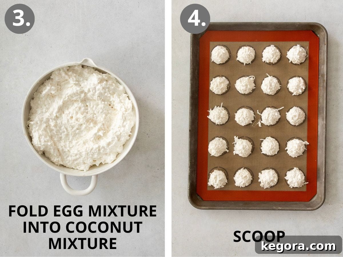 Ethereal Coconut Clouds Gluten Free 6 steps 3 and 4 fold the egg whites into the coconut and scoop onto a baking sheet.