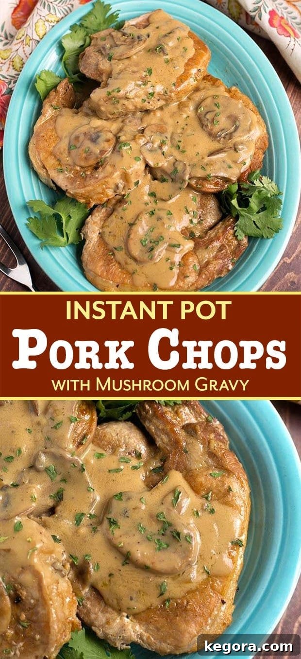 Hearty Instant Pot Pork Chops Smothered in Mushroom Gravy 9 Instant Pot Pork Chops with Mushroom Gravy: a delicious, tender, and quick pressure cooker meal. Perfect over rice or mashed potatoes. #instantpotporkchops #pressurecookerporkchops #mushroomgravy