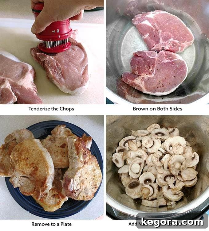 Hearty Instant Pot Pork Chops Smothered in Mushroom Gravy 3 Four process images showing the steps: tenderizing pork chops, browning them in the Instant Pot, removing them, and then adding sliced mushrooms to sauté.