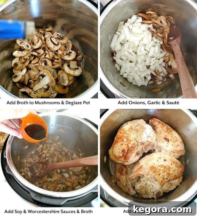 Hearty Instant Pot Pork Chops Smothered in Mushroom Gravy 4 Four process images demonstrating how to build the sauce: adding chicken broth, diced onions, minced garlic, Worcestershire and soy sauce, and cream of mushroom soup into the Instant Pot before pressure cooking.