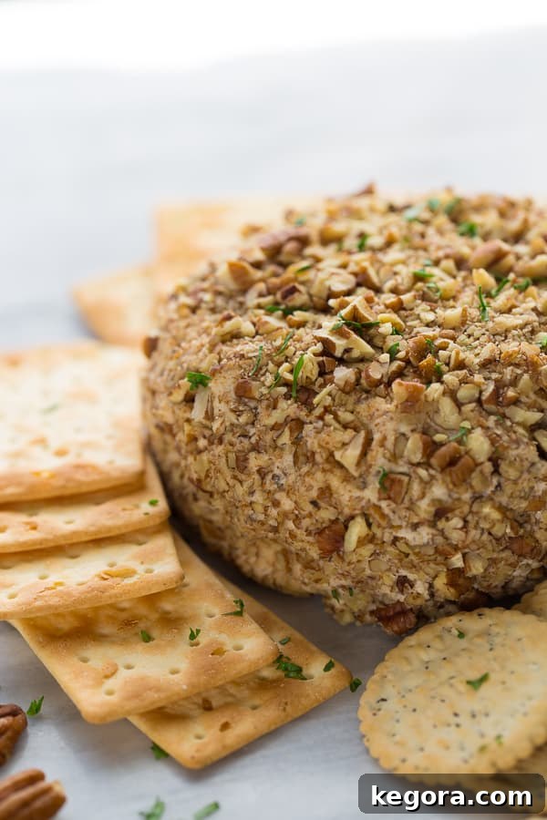 The Ultimate Vegan Party Cheeseball 3 Creamy Vegan Party Cheeseball served on a platter with gluten-free crackers and fresh herbs