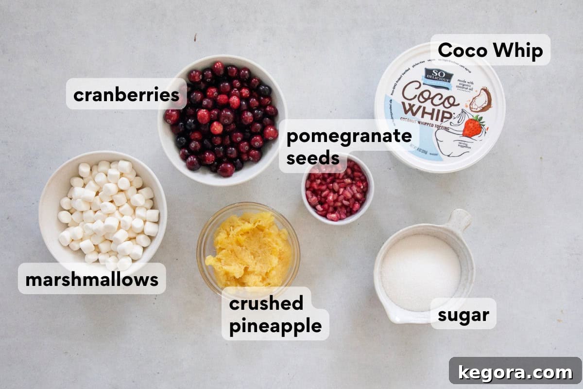 Vegan Cranberry Cloud 4 All the ingredients for dairy-free cranberry fluff laid out on a clean countertop: fresh cranberries, granulated sugar, a can of crushed pineapple, a container of dairy-free whipped topping, mini marshmallows, and a whole pomegranate.