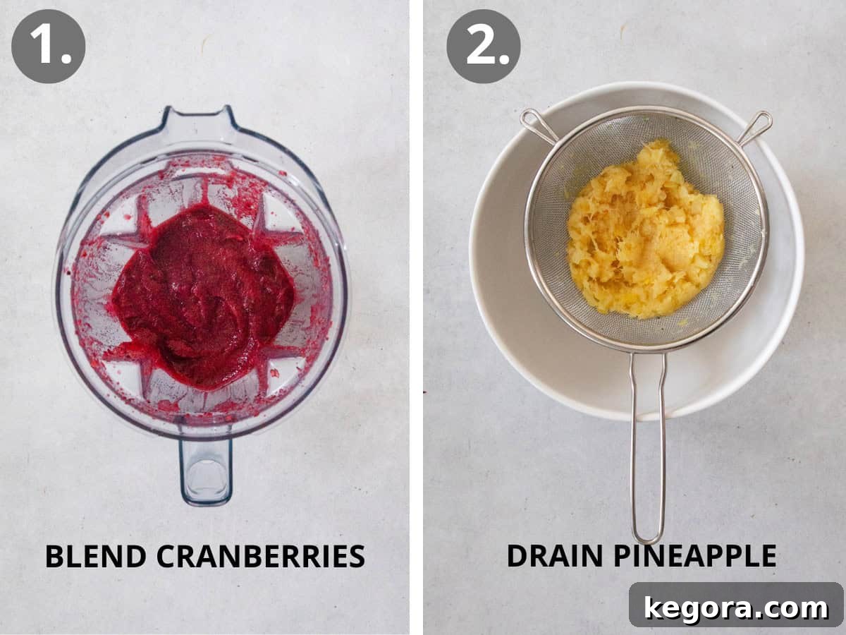 Vegan Cranberry Cloud 5 Two key steps in making cranberry fluff: fresh cranberries and sugar being blended in a food processor, and crushed pineapple being thoroughly drained in a colander.