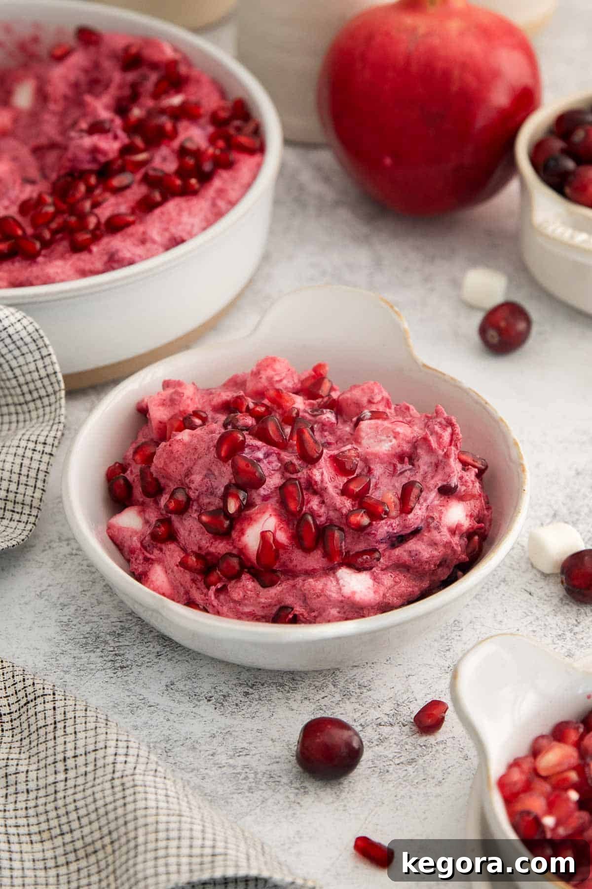 Vegan Cranberry Cloud 7 A close-up of an individual serving of dairy-free cranberry fluff in a small glass bowl, garnished with fresh pomegranate seeds, sitting on a kitchen countertop during the holiday season.