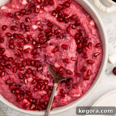 Vegan Cranberry Cloud 8 A vibrant bowl of dairy-free cranberry fluff, generously garnished with fresh pomegranate seeds, ready for serving at a festive holiday gathering.