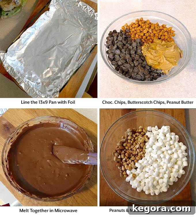Decadent Chocolate Peanut Butter Bars 4 Four process images showing lining a pan with foil, combining melting ingredients in a glass bowl, melting and mixing, and adding remaining ingredients in a separate glass bowl