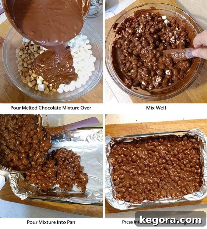 Decadent Chocolate Peanut Butter Bars 5 Four process images showing the mixing of all ingredients and placing on the pan