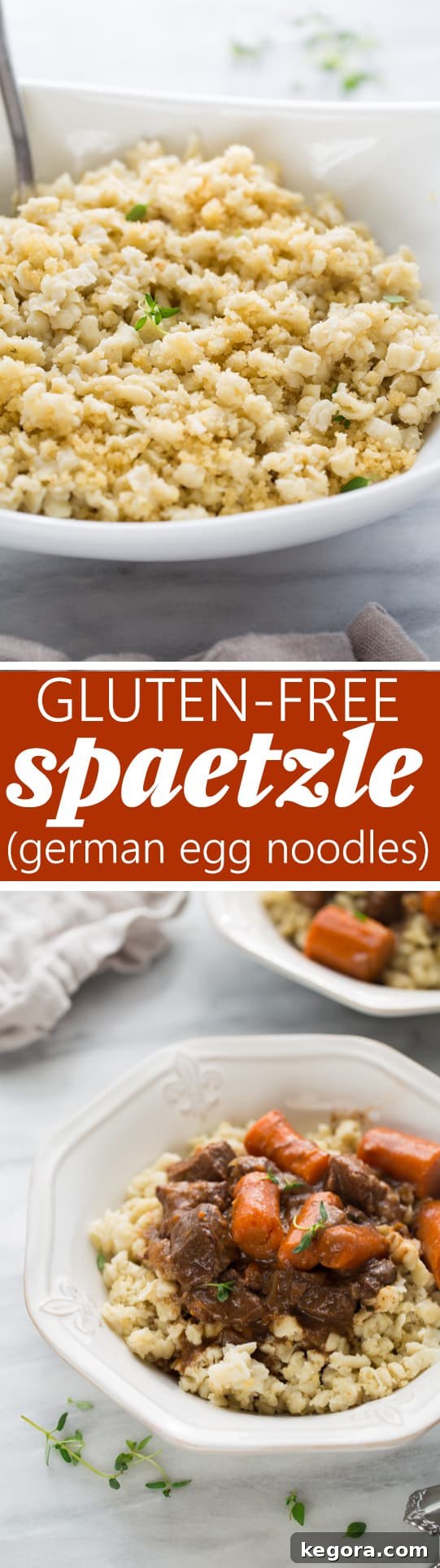 Gluten-Free German Spaetzle 6 A beautifully styled flat lay of Gluten-Free Spaetzle in a bowl, alongside ingredients and a spaetzle press, emphasizing its homemade appeal.