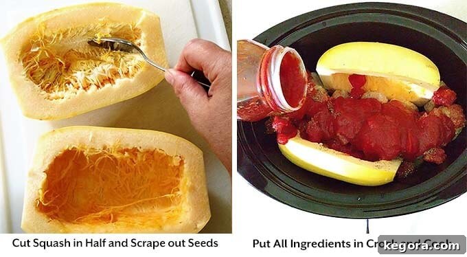 Effortless Slow Cooker Spaghetti Squash and Meatballs 3 two process images showing spaghetti squash cut in half and deseeded, with other ingredients in a slow cooker