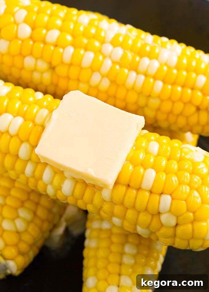 Sweet Corn on the Cob with a melting slice of butter, ready to be enjoyed.