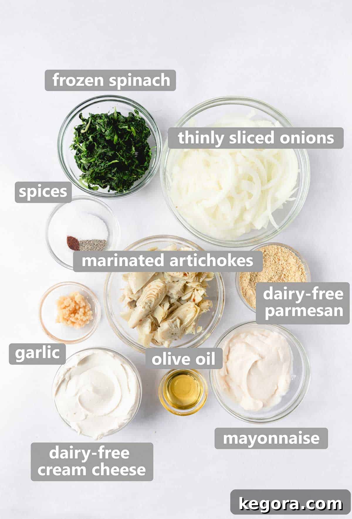 Creamy Spinach Artichoke Dip Without Dairy 3 overhead shot of labeled collage of ingredients to make the dip