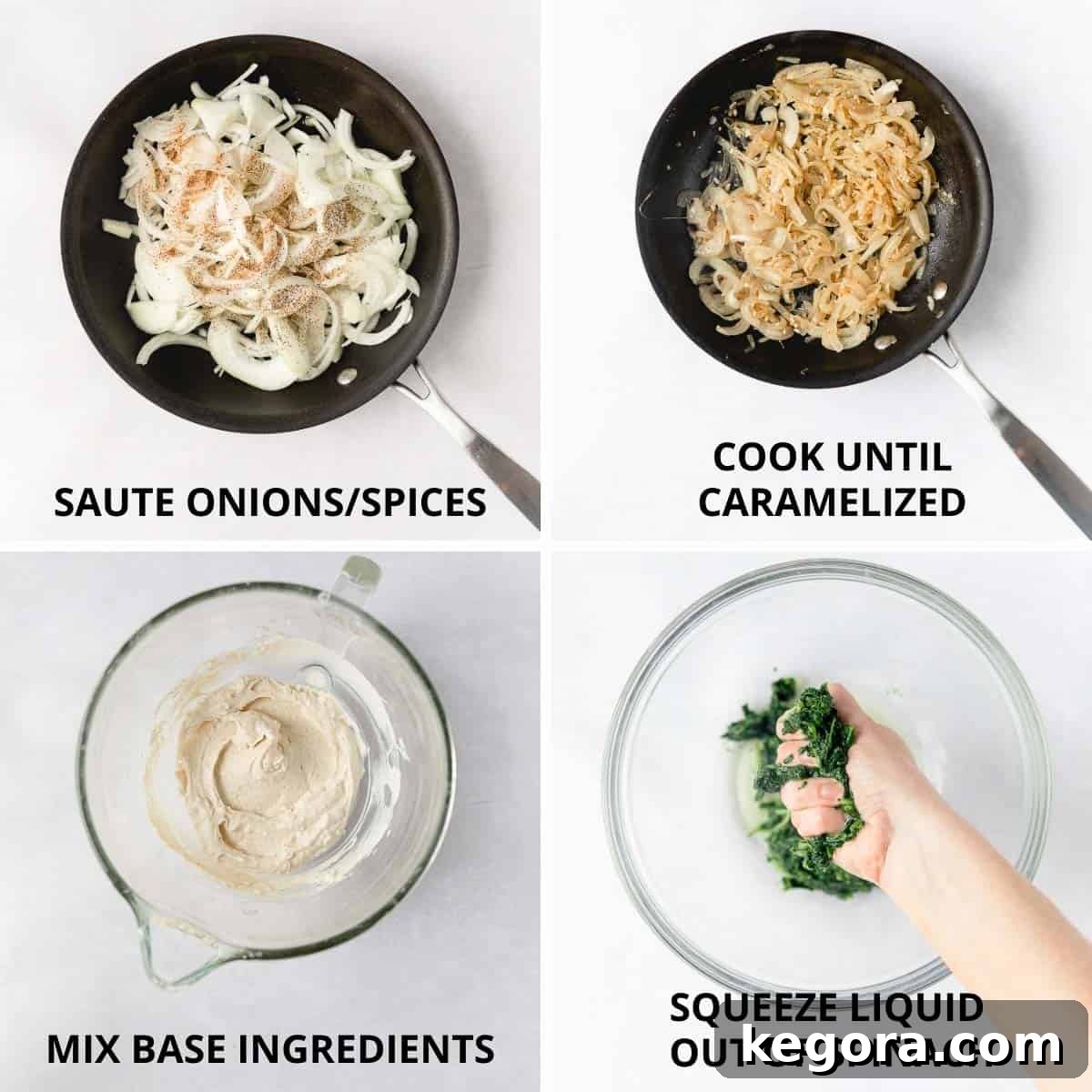 Creamy Spinach Artichoke Dip Without Dairy 6 step by step photos of how to mix together the dip