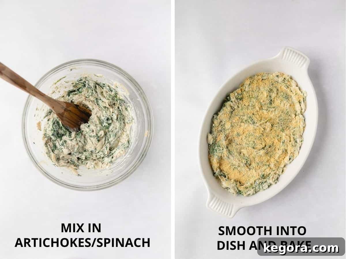Creamy Spinach Artichoke Dip Without Dairy 7 mixing the artichokes into the dip and smoothing into the baking dish