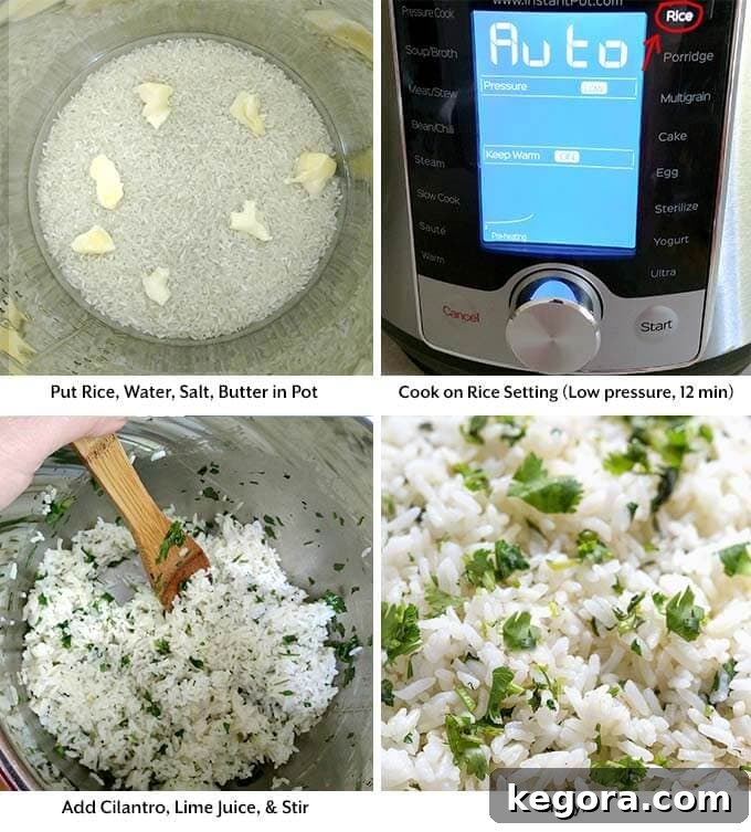 Four sequential images demonstrating the process: adding ingredients to the Instant Pot, selecting the rice setting, mixing the finished rice with a wooden spoon, and the final fluffy cilantro lime rice in a bowl.