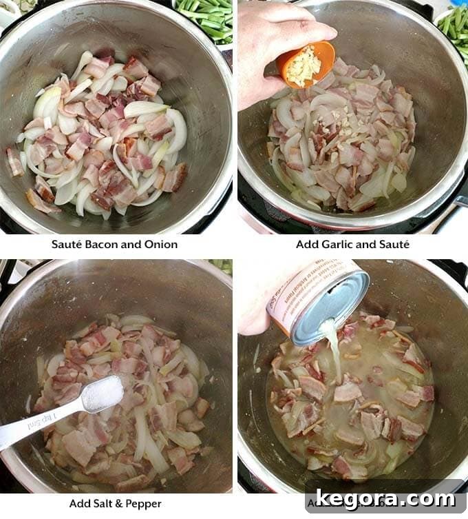 Four sequential process images demonstrating how to start the Instant Pot Green Beans recipe: sautéing chopped bacon and sliced onion, then adding minced garlic, seasonings, and chicken broth, followed by deglazing the pot.