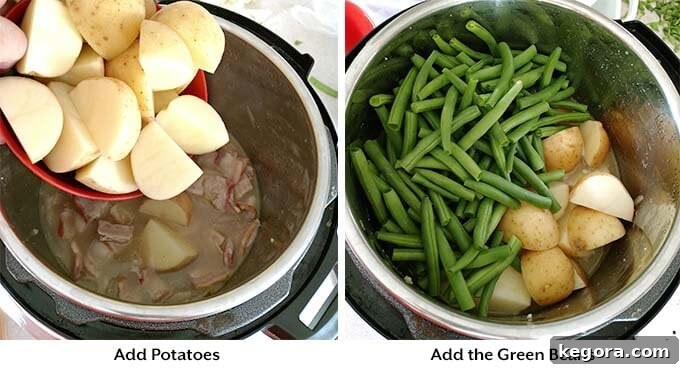 Four sequential process images for Instant Pot Green Beans: adding cut potatoes and green beans to the pot, stirring, sealing the lid, and setting the pressure cooker for the cooking cycle.