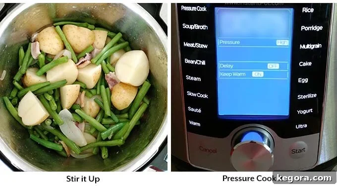 A vibrant close-up of the finished Instant Pot Green Beans with New Potatoes and Bacon, showcasing the tender beans and potatoes in a savory broth, ready to be served.