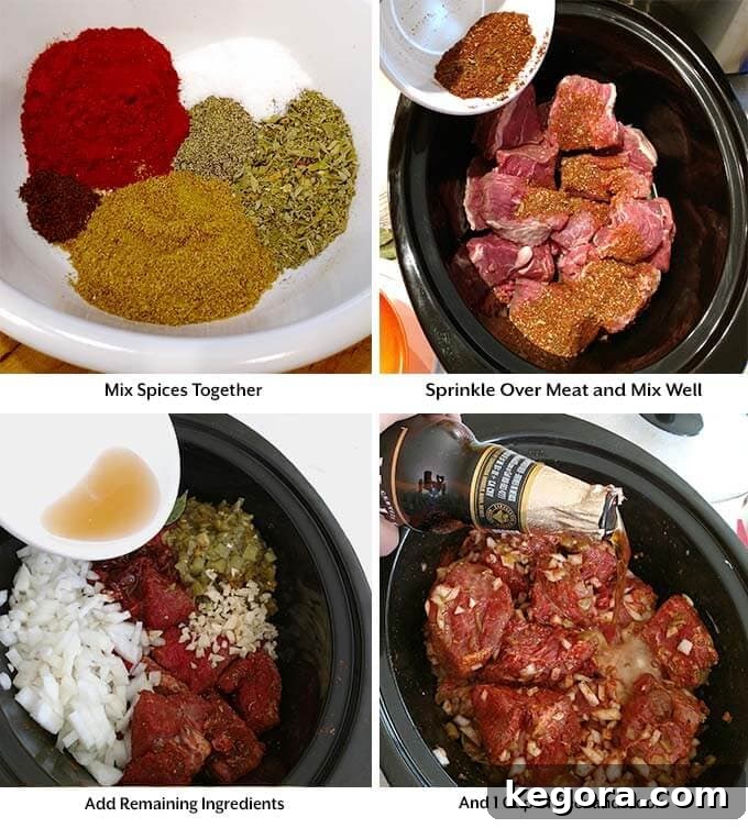 Four process images showing the preparation of Barbacoa: spices in a bowl, meat and spice mix in the slow cooker, and all ingredients combined before cooking.