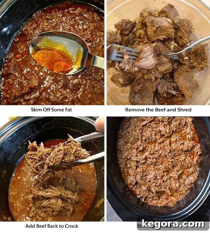 Four process images demonstrating how to finish Barbacoa: skimming fat, shredding beef, returning to the crockpot, and the final delicious product.