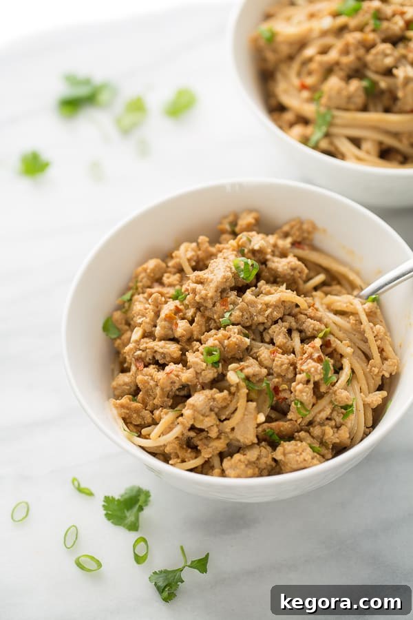 Delicious Gluten-Free Dan Dan Noodles served in a bowl, garnished with chopped peanuts and cilantro. A perfect, quick, and kid-friendly dinner option.