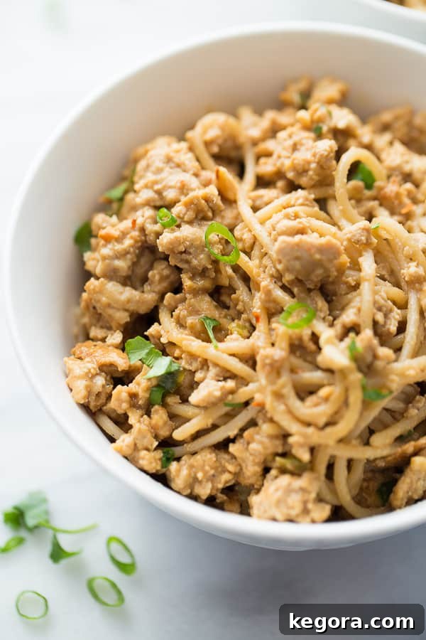 A closer look at the Gluten-Free Dan Dan Noodles, showcasing the rich sauce and tender turkey, ready to be enjoyed.