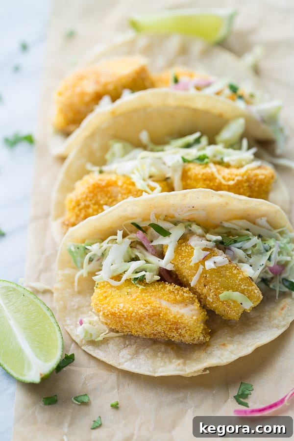 The Ultimate Gluten-Free Fish Tacos 2 Crispy Gluten-Free Fish Tacos, perfectly golden brown and ready to be assembled.
