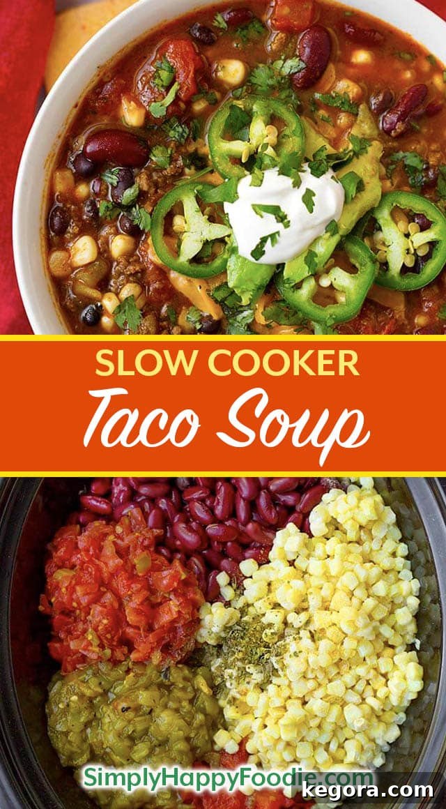 Slow Cooker Taco Soup is tasty Mexican soup that uses up some of the canned goods that are hanging out in your pantry. With beans, corn, ground beef or turkey, and some flavorings, you can easily make this delicious crock pot Taco Soup! simplyhappyfoodie.com #tacosoup #slowcookertacosoup #crockpottacosoup Crock Pot recipes and Slow cooker recipes