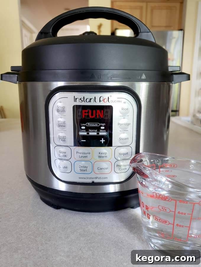 glass measuring cup of water in front of a pressure cooker, demonstrating the Instant Pot water test