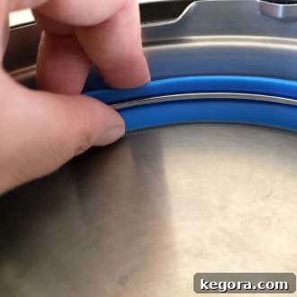Instant Pot First Use Water Test 3 Fingers checking the placement of the seal on a pressure cooker lid, a crucial step for the Instant Pot water test