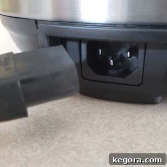 Instant Pot First Use Water Test 4 Checking that the cord is properly inserted in the back of the pressure cooker for a secure connection during the water test