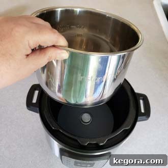 Instant Pot First Use Water Test 5 Placing the metal pressure cooker pot into the pressure cooker housing for the Instant Pot water test