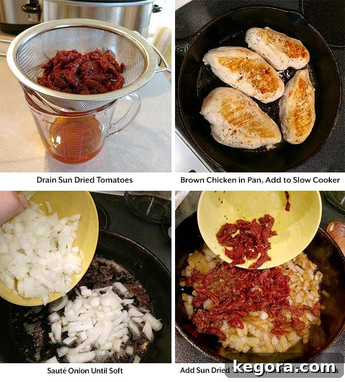 Creamy Slow Cooker Tuscan Chicken 4 four process images showing sun dried tomatoes being drained, browning chicken in a pan, adding onions and sun dried tomatoes into a frying pan