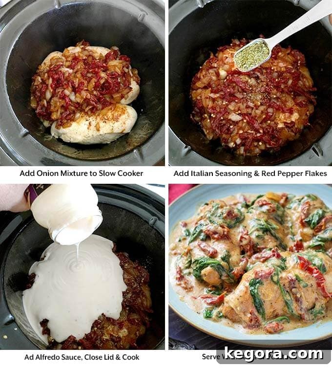 Creamy Slow Cooker Tuscan Chicken 5 four process images shoing allingredients added into the slow cooker and the final result on a blue plate