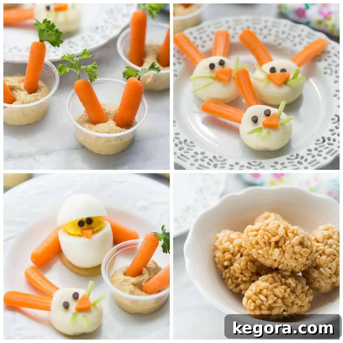 Wholesome Easter Snacking Ideas 2 A vibrant display of four different healthy Easter snacks, including charming bunny cheese faces, refreshing hummus cups with carrot 'sprouts', adorable crispy rice eggs, and cute chick deviled eggs.