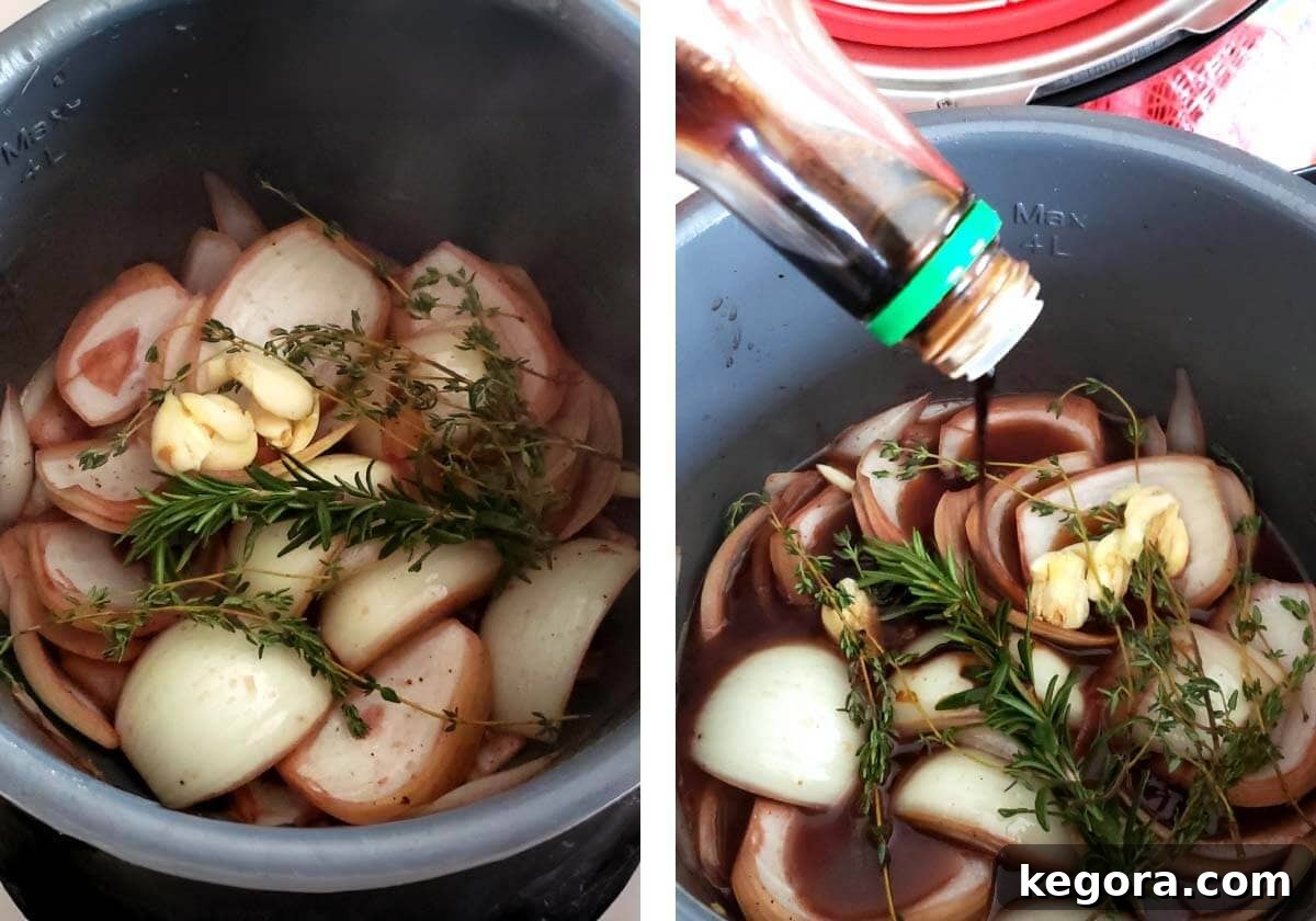 garlic and herbs added, pouring in soy sauce