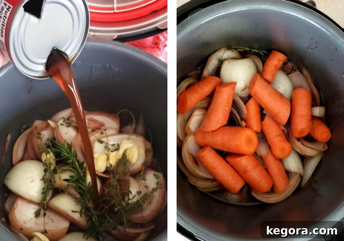 pouring in beef broth, carrots added