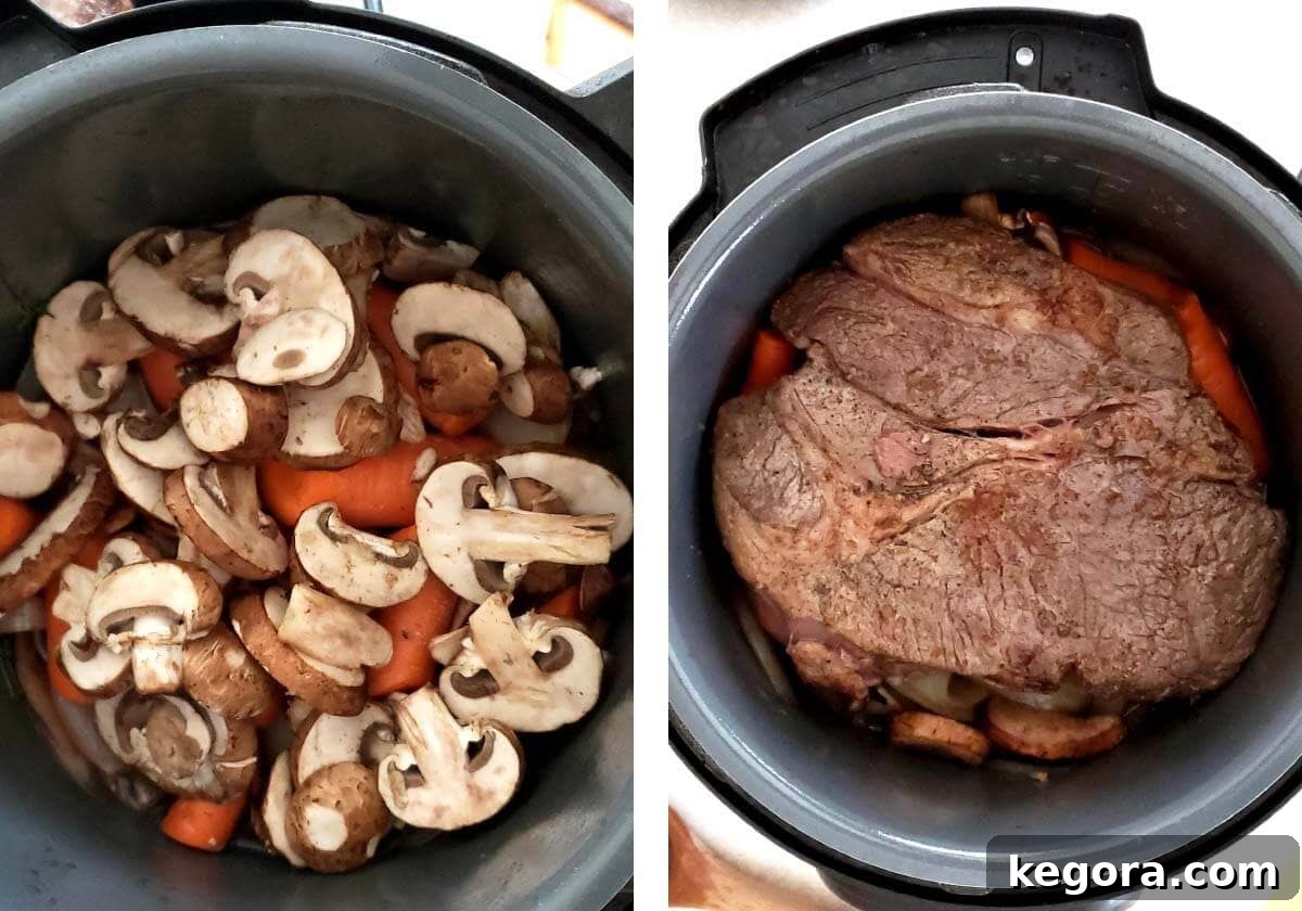mushrooms added to pot, beef added back in.