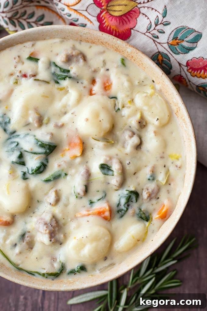 Closeup of Creamy Sausage Gnocchi Soup in a beige bowl