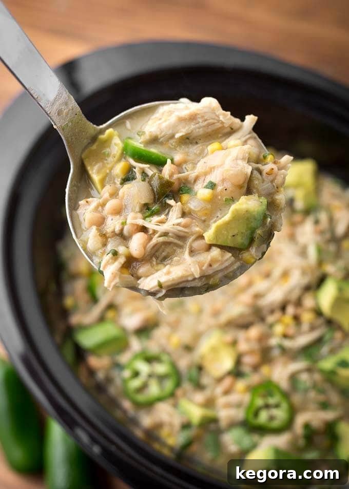 Closeup of ladle full of White Chicken Chili over black slow cooker of chili