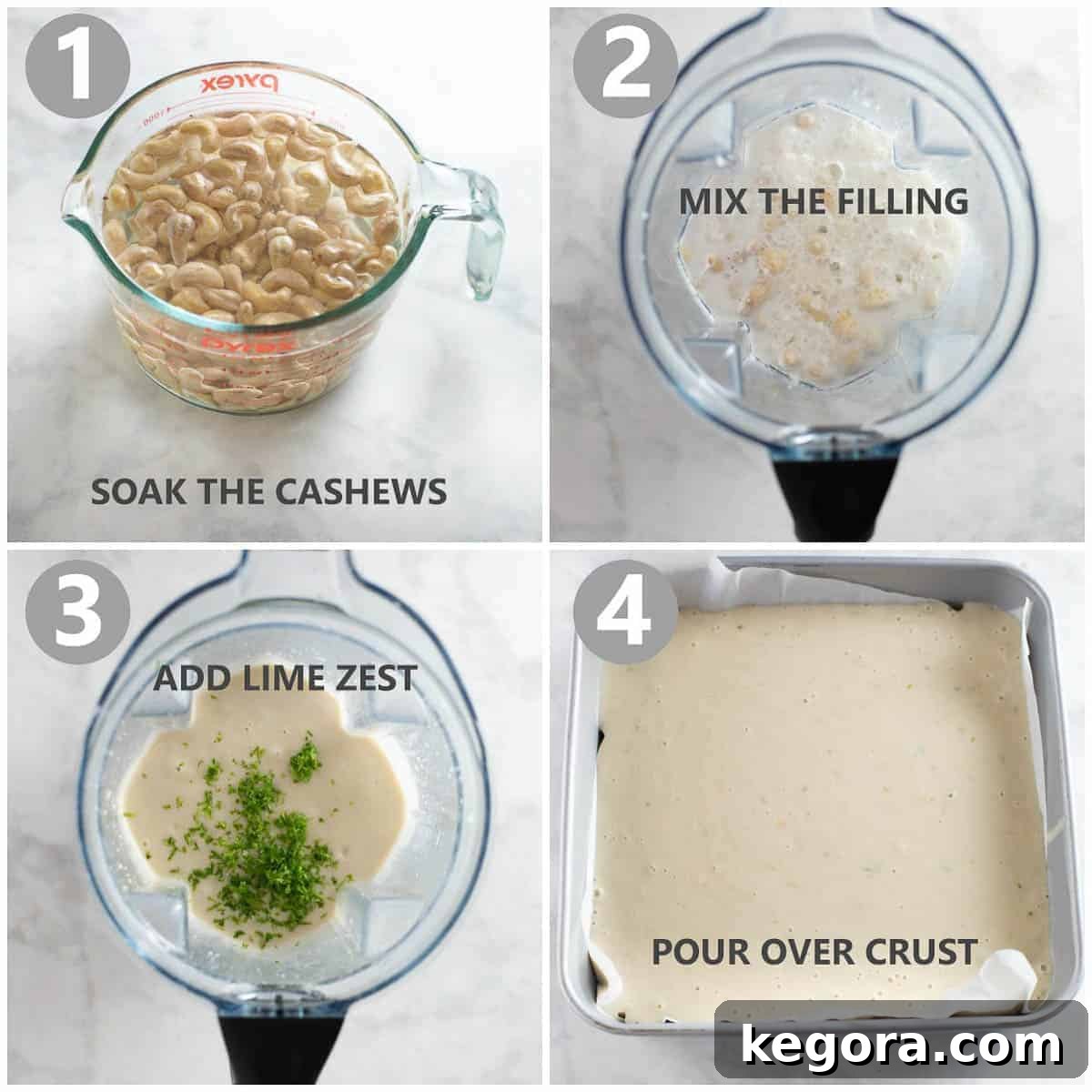 Refreshing Vegan Key Lime Pie Bars 3 step by step photo collage shows how to make the filling in a blender