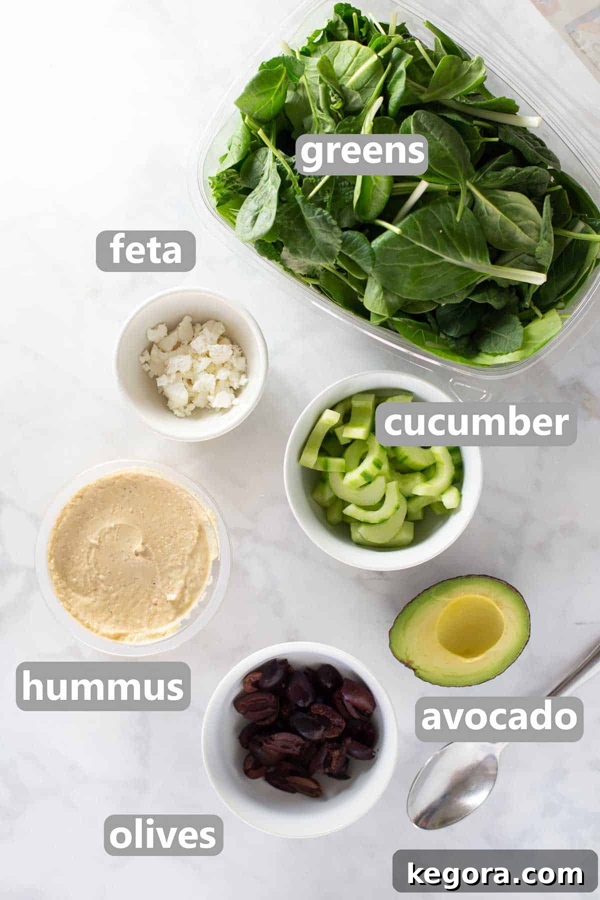 Mediterranean Medley Hummus Wrap 3 titled image showing ingredients to make a hummus veggie wrap