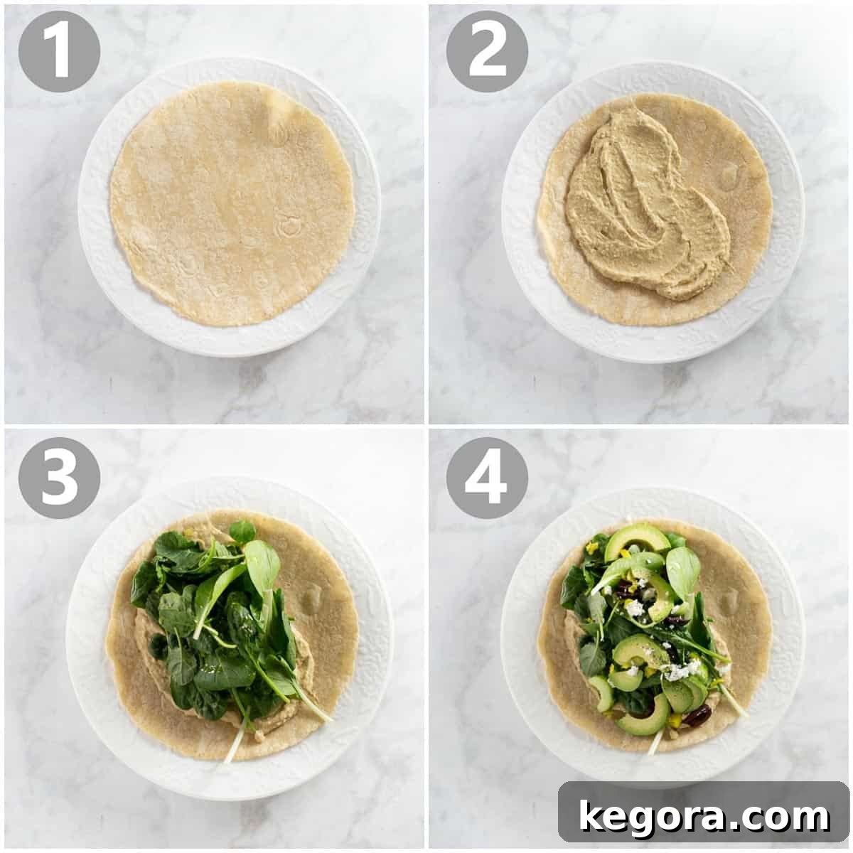 Mediterranean Medley Hummus Wrap 4 step by step photo collage shows how to make a hummus wrap with Mediterranean vegetables