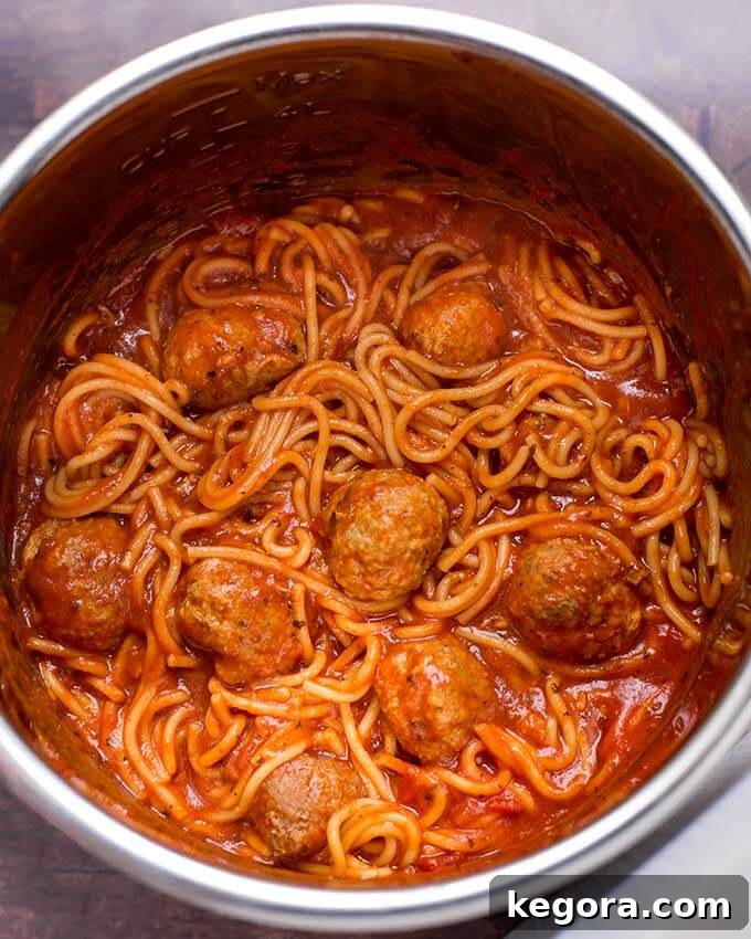 Top-down view of cooked Instant Pot Spaghetti and Meatballs still in the pressure cooker pot, showcasing the rich sauce and tender pasta.