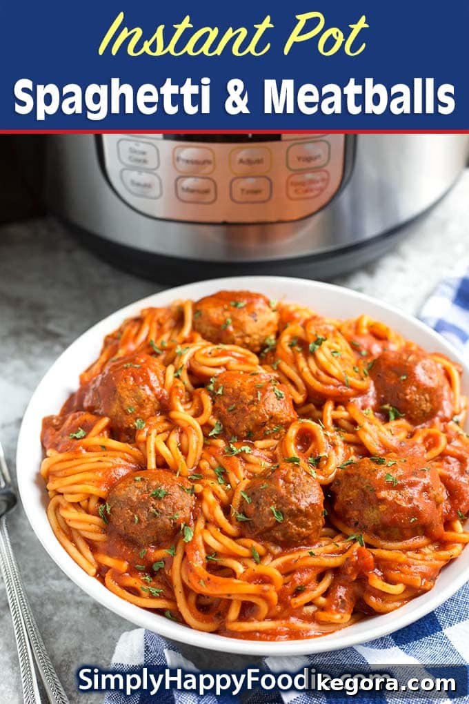 A visually appealing Pinterest-ready image for Instant Pot Spaghetti and Meatballs, featuring the recipe title and website logo, perfect for saving and sharing.