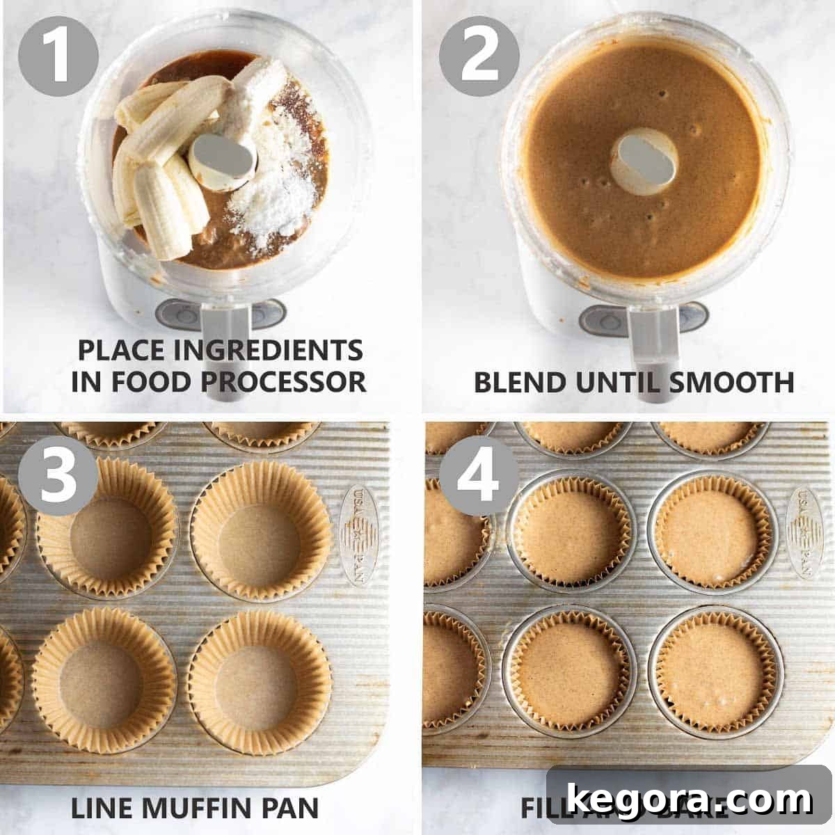 Tropical Banana Coconut Muffins 4 A series of process shots demonstrating the key stages of mixing and preparing the coconut flour banana muffin batter before baking.