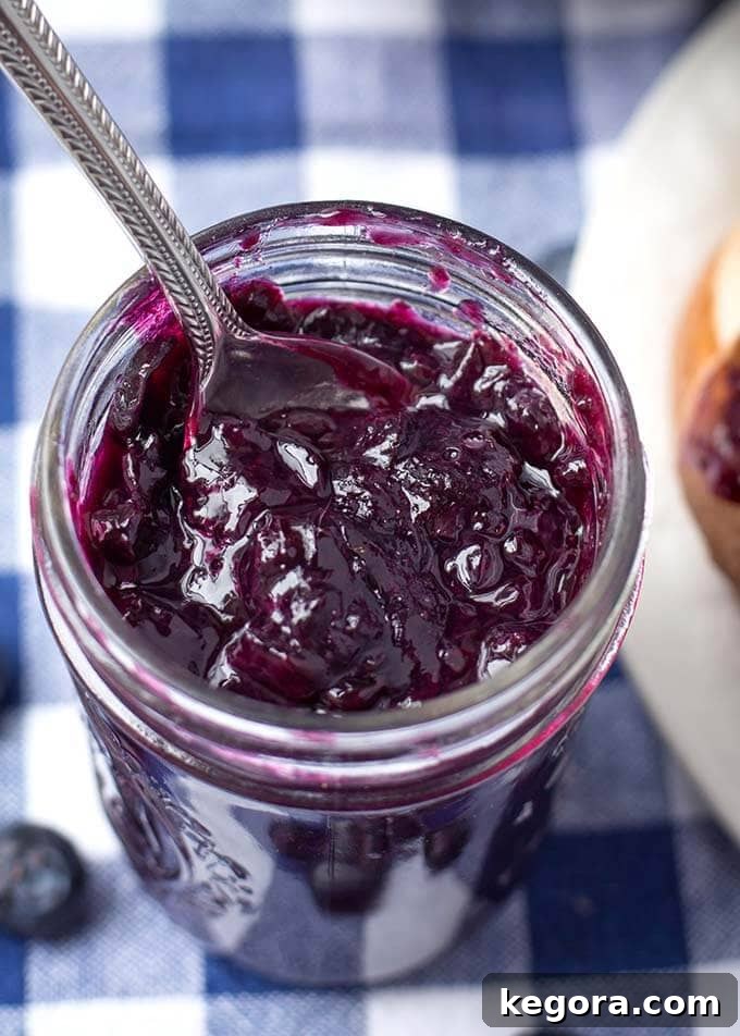 Homemade Instant Pot Blueberry Jam 3 Closeup shot of homemade Instant Pot Blueberry Jam with a silver spoon scooping a dollop, highlighting its thick, luscious texture.
