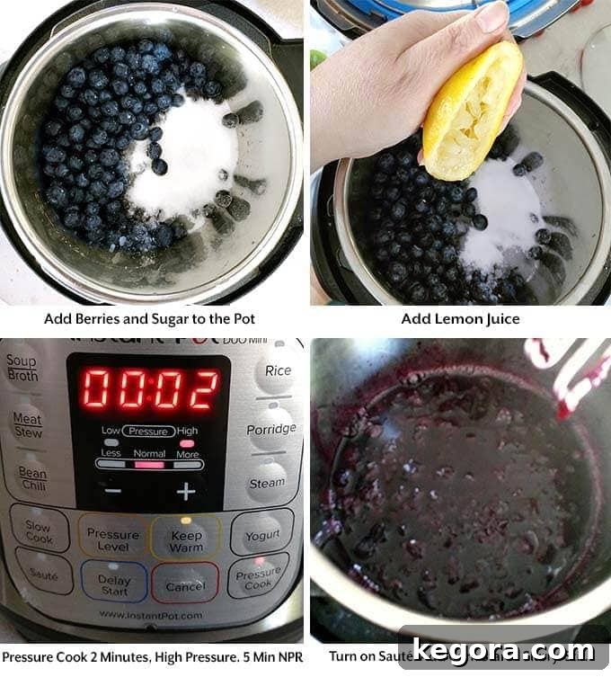 Homemade Instant Pot Blueberry Jam 4 Four sequential images demonstrating the process of making Instant Pot Blueberry Jam: 1. Adding blueberries, sugar, and lemon juice to the Instant Pot. 2. Setting the Instant Pot to pressure cook. 3. The jam simmering after pressure release. 4. Adding a cornstarch slurry to thicken the jam.
